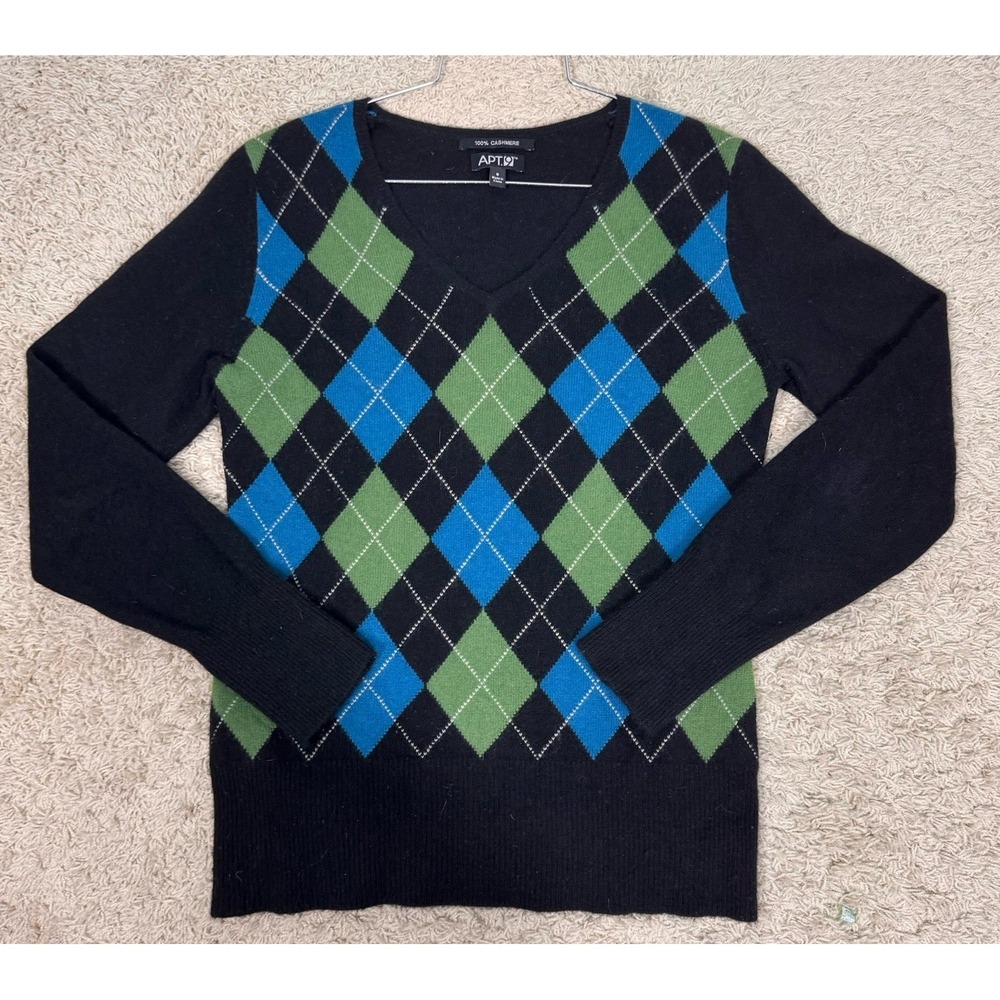 APT 9 100% Cashmere Black V-Neck Long Sleeve Sweater Argyle Women's S